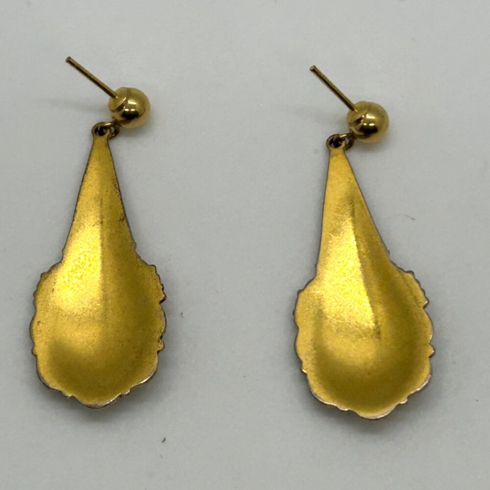 Vintage Damascene Teardrop Dangle Earrings Gold-Tone Silver-Tone Inlay Retro - Picture 4 of 8